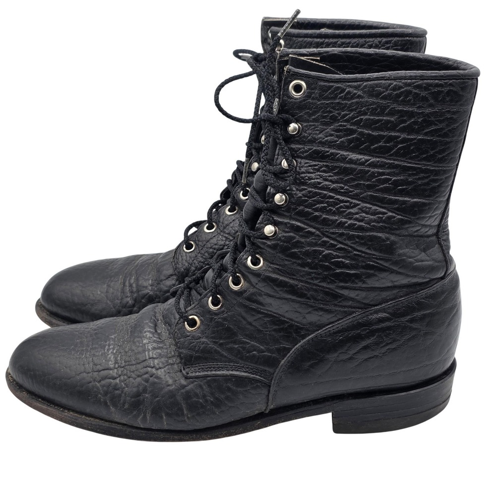 Vintage Justin Boots Mens 9D Black Leather Lace Up Western Made In USA Workwear